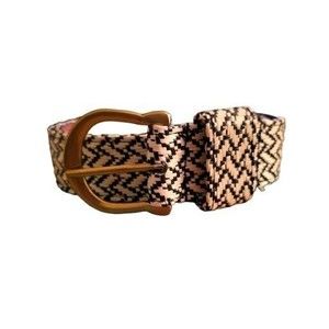 Womens Black And White Zig Zag Design Leather Belt /w Woven Strawlike Material M